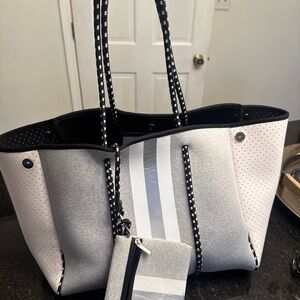 HAUTE SHORE Gray and Black Neoprene Tote with Striped Colorblock Accent